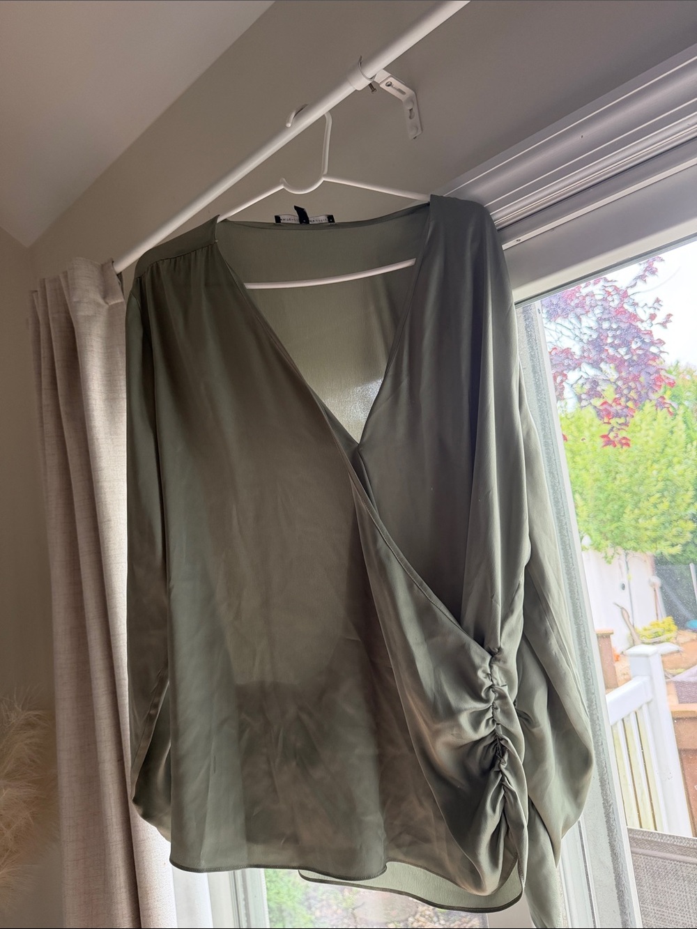White House Black Market Olive Wrap-Front Long Sleeve Top